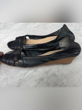 Cole Haan Black Leather Open-Toe Wedge Flats